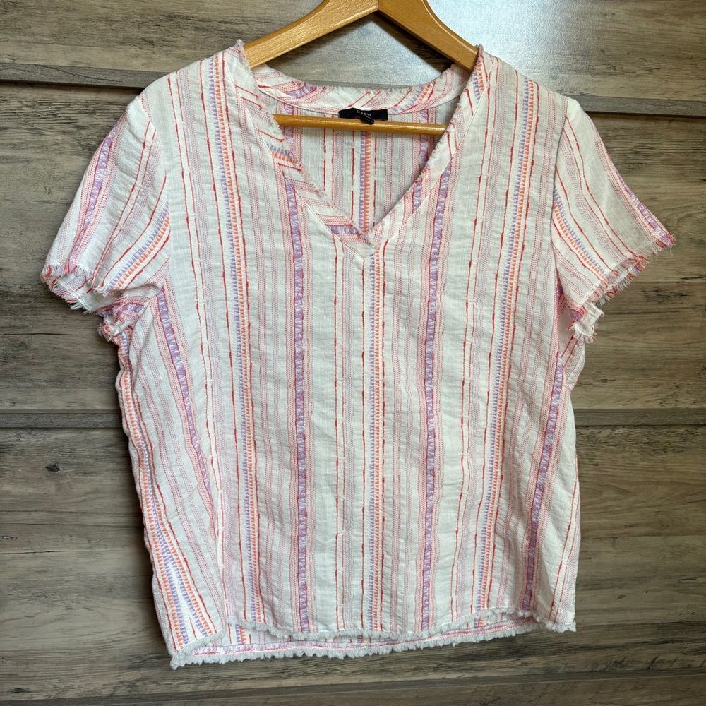 DREW L Pink Orange Purple White Striped V-Neck Top Boho Boardwalk Preppy Retro